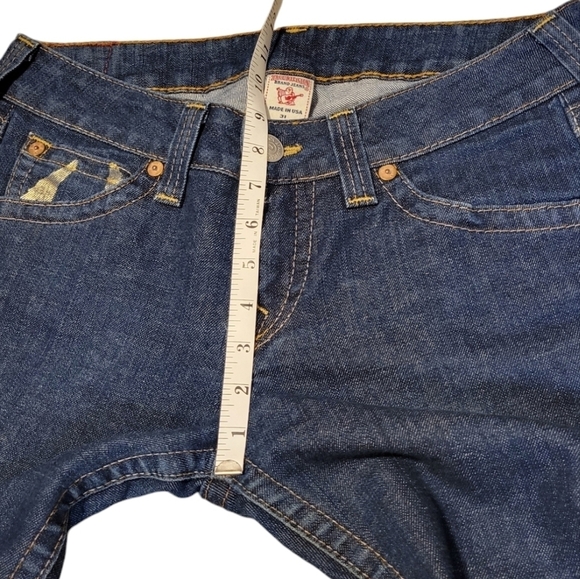 True Religion Becky Low Rise Boot Cut Jeans Dark Blue Gold Logo Print Like New - Picture 6 of 12